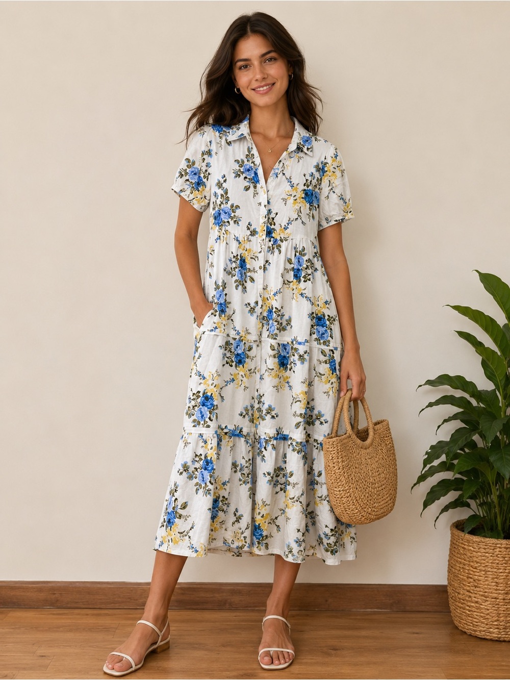 Laura Ashley Linen Blend Floral Midi Dress NWT 
Size Medium